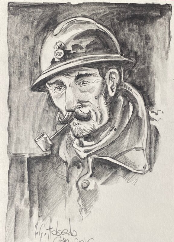 Holgado, illustration originale, Poilu de la Première Guerre Mondiale tirant sur sa bouffarde . - Illustration originale