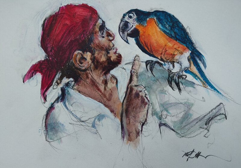 René Follet, Stevenson, le pirate intérieur - Le pirate et le perroquet - Illustration originale