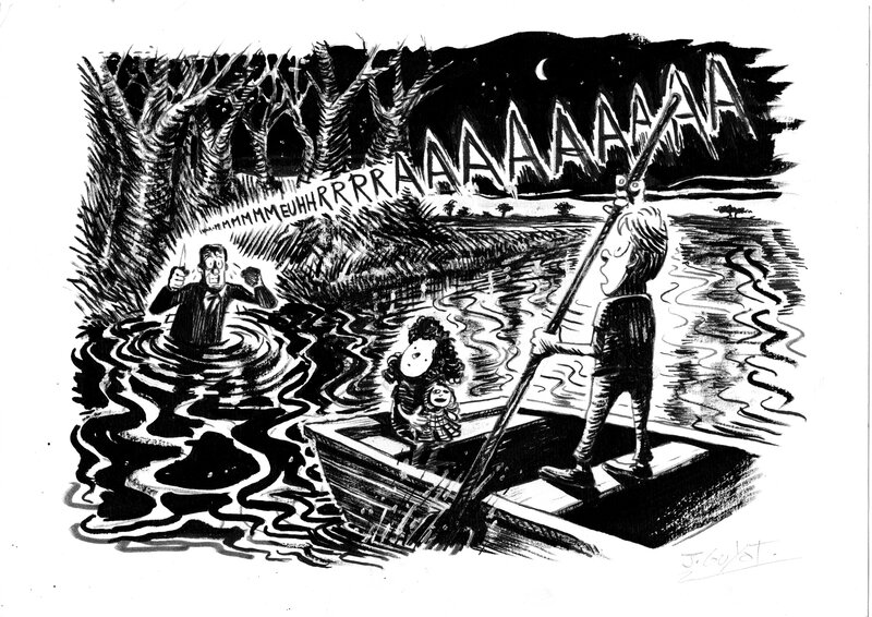 En vente - johann Guyot, La nuit du chasseur ,scène de la barque - Illustration originale