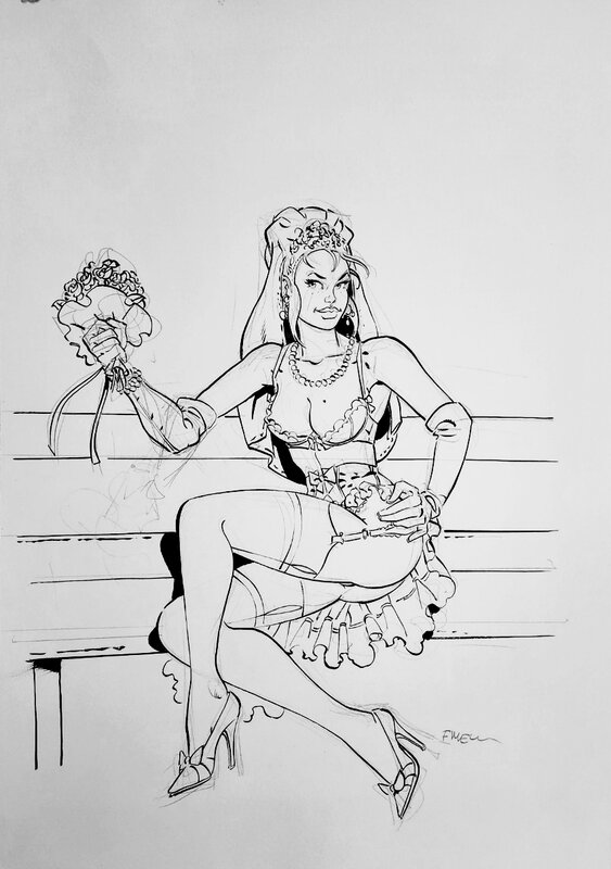 Félix Meynet, Mirabelle en robe de mariée sur un banc - Illustration originale