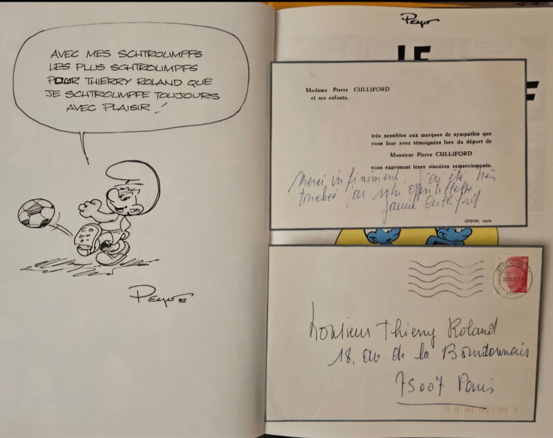 Peyo, 1992 - Schtroumpf footballeur à Thierry Roland - Dédicace