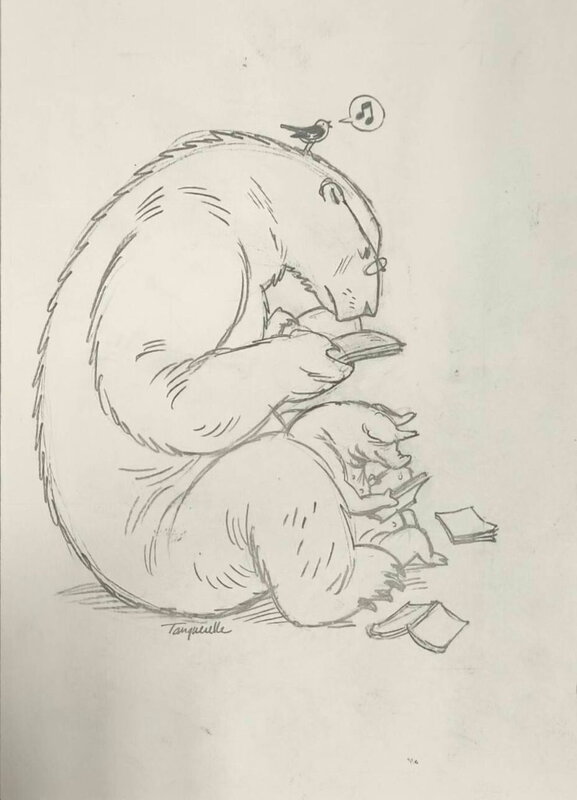 Hervé Tanquerelle, Ours polaire et cochon en pleine lecture - Original Illustration
