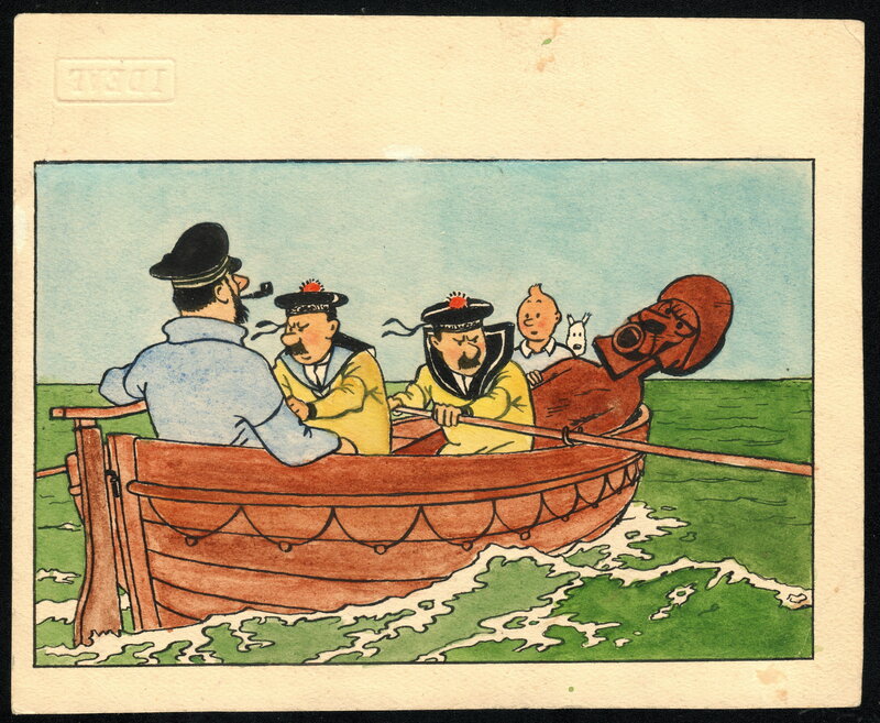 Paul Cuvelier, Illustration Tintin avec les deux Dupont dans un barque - Illustration originale