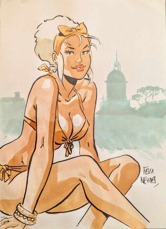 Félix Meynet, Mirabelle en maillot de bain - Illustration originale