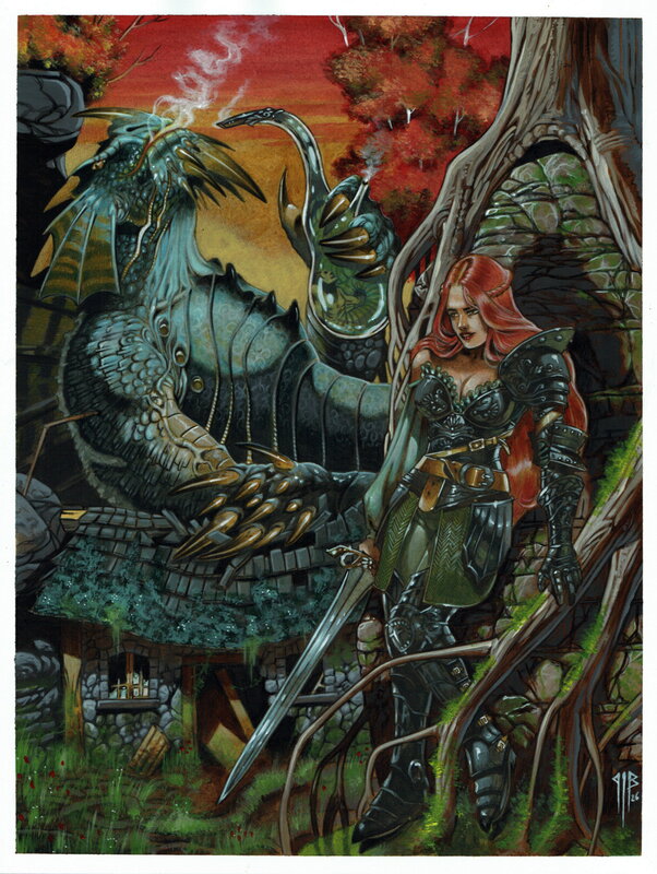 En vente - Philippe Bringel, La jeune guerrière et le dragon - Illustration originale