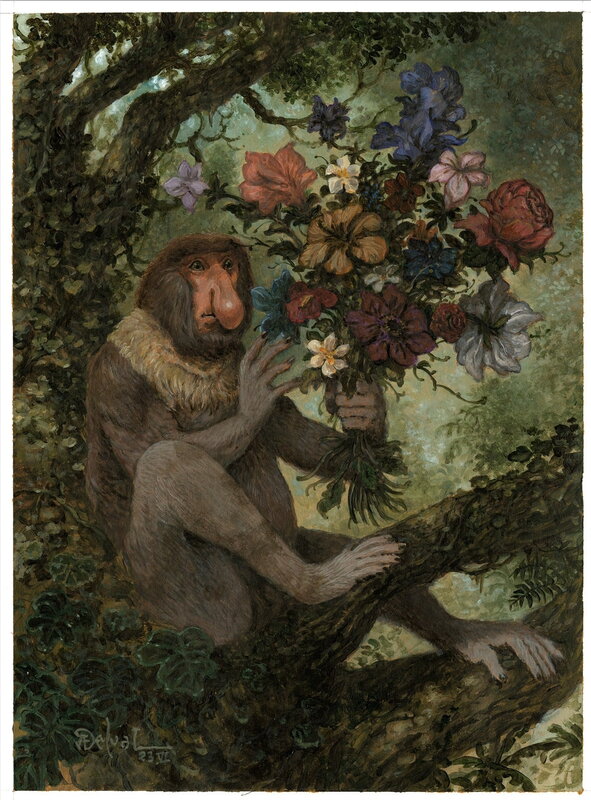 Julien Delval, Le singe qui aimait les fleurs - Illustration originale