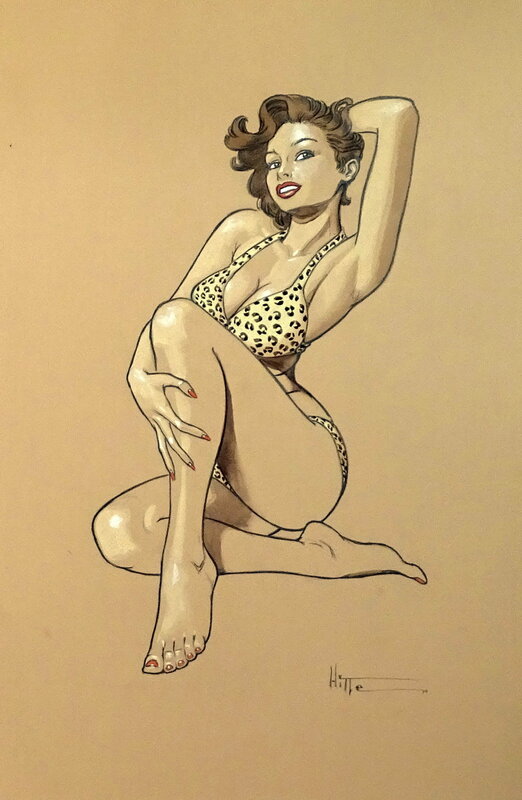 En vente - Patrick Hitte, La Pin-Up en Maillot Léopard - Illustration originale