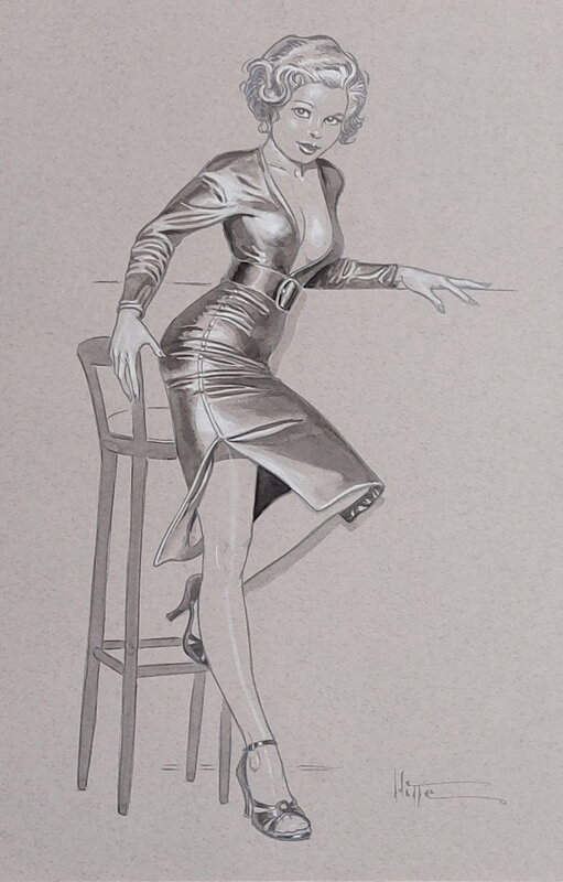 For sale - Patrick Hitte, La Pin-Up Sur Son Tabouret - Original Illustration
