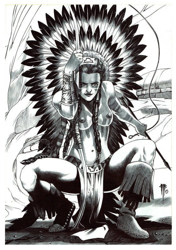 En vente - Philippe Bringel, L'indienne et la flèche noir - Illustration originale