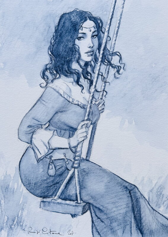 En vente - Luigi Critone, Le Scorpion - Mejai sur balançoire - Illustration originale