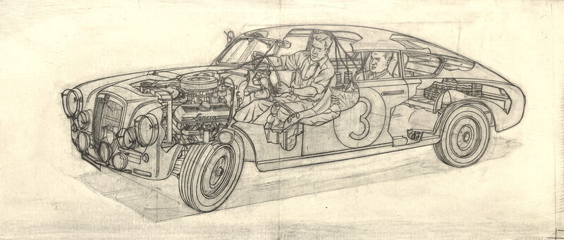 Jacques Martin, Lancia Aurelia Coupé - Grand format dessin preliminaire pour Tintin - Illustration originale