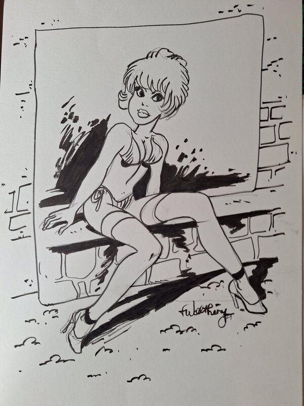 En vente - François Walthéry, Natacha assise sur un muret - Illustration originale