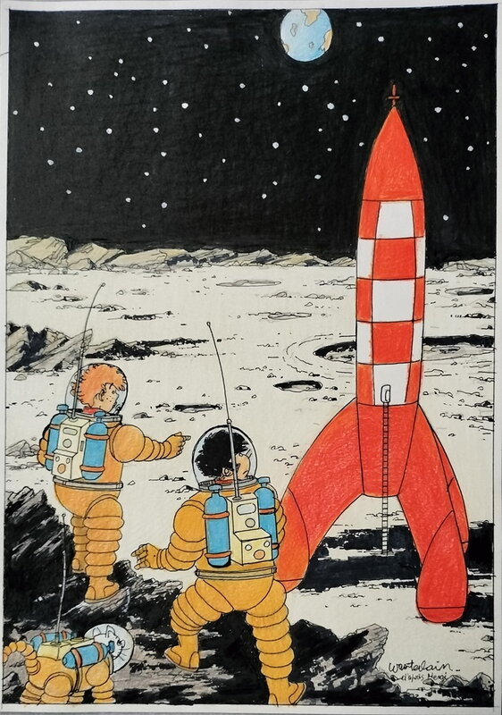 Marc Wasterlain, Parodie Hergéenne - On a marché sur la Lune - Original Illustration