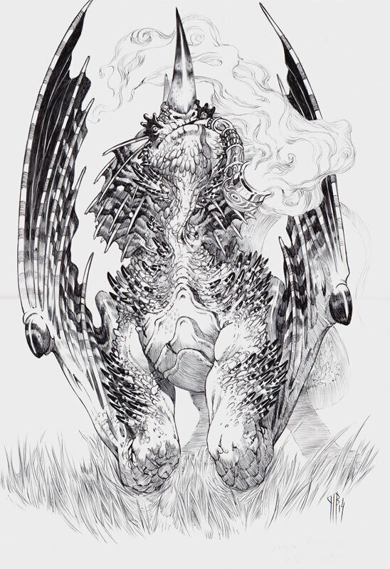 En vente - Philippe Bringel, Le dragon fumeur de pipe - Illustration originale