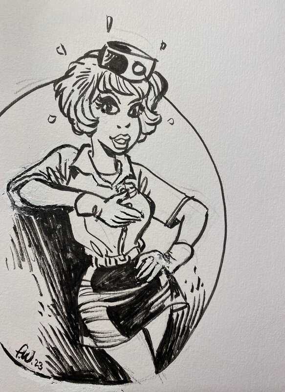 François Walthéry, illustration originale, Natacha Hôtesse de l'air en uniforme Bardaf. - Illustration originale