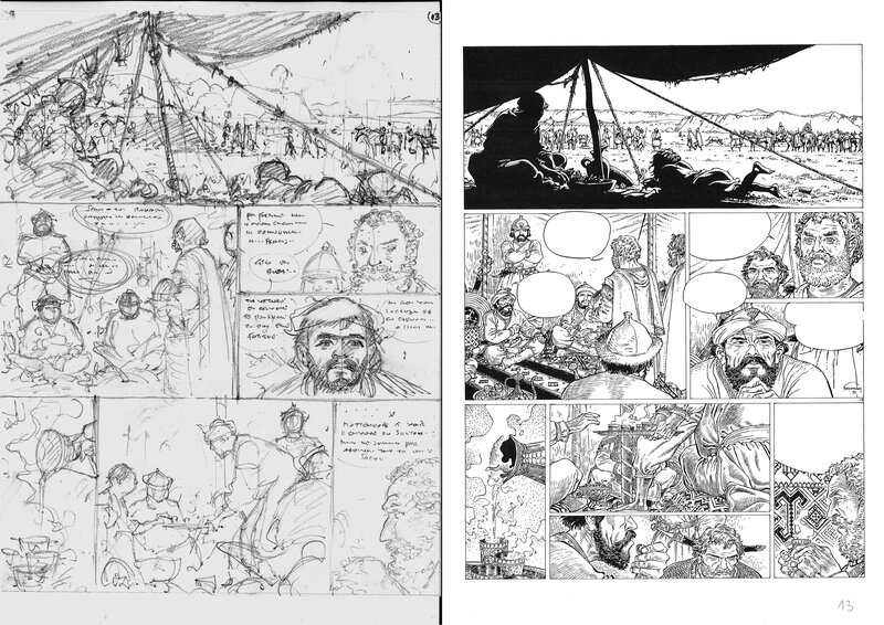 En vente - Hermann : Les tours de Bois-Maury tome 8, crayonné + tirage hélio noir de la planche 13 - Œuvre originale