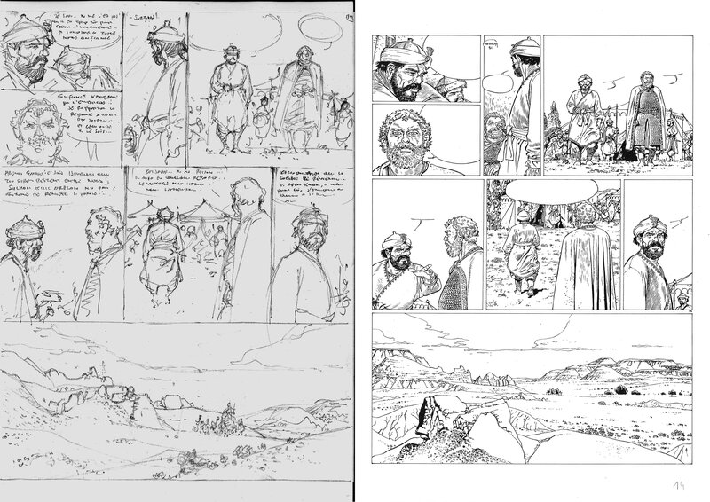 En vente - Hermann : Les tours de Bois-Maury tome 8, crayonné + tirage hélio noir de la planche 14 - Œuvre originale