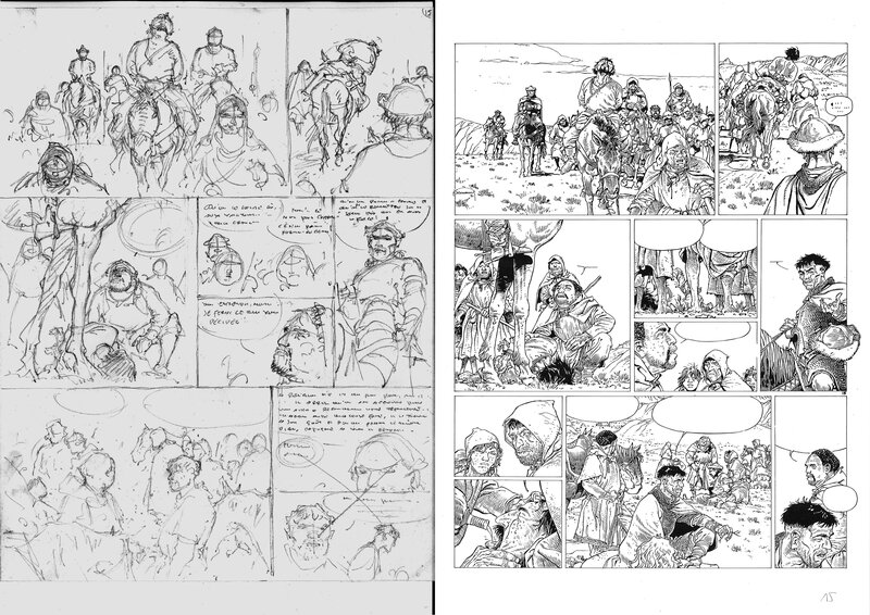 En vente - Hermann : Les tours de Bois-Maury tome 8, crayonné + tirage hélio noir de la planche 15 - Œuvre originale