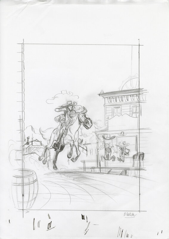 En vente - Blutch, Les Indomptés, Hommage à Lucky Luke – Crayonné original de la couverture des éditions Black & White - Illustration originale