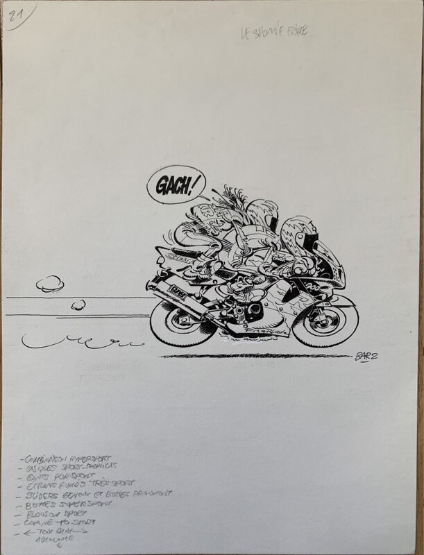 En vente - Bar2, L’encyclopédie Imbécile de la Moto - Le Sportif frime (Joe Bar Team) - Planche originale