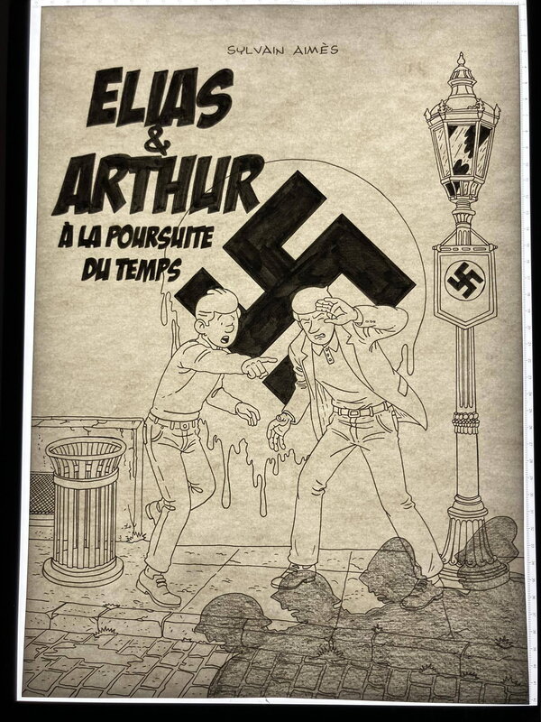 En vente - Sylvain Aimès, Elias & Arthur à la poursuite du temps - Planche originale