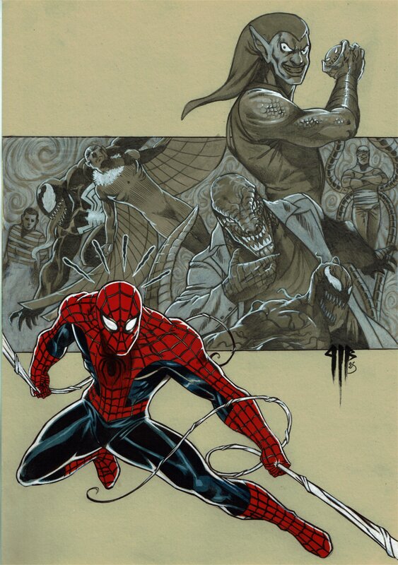 En vente - Philippe Bringel, Spiderman et les sept salopards - Illustration originale