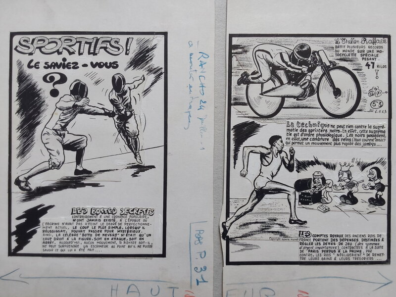 En vente - Dix Rubrique SPORTIFS Le Saviez-Vous ? Escrime Motocyclette Athlétisme ..Planche de L'Atelier Chott parue dans RANCHO 24 en 1960 - Illustration originale