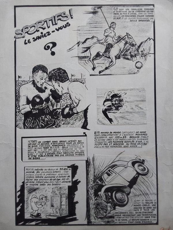 En vente - Dix Rubrique SPORTIFS Le Saviez-Vous ? Polo Boxe Plongée Rallye Monte Carlo ..Planche Atelier Chott parue dans RANCHO 23 en 1960 - Illustration originale