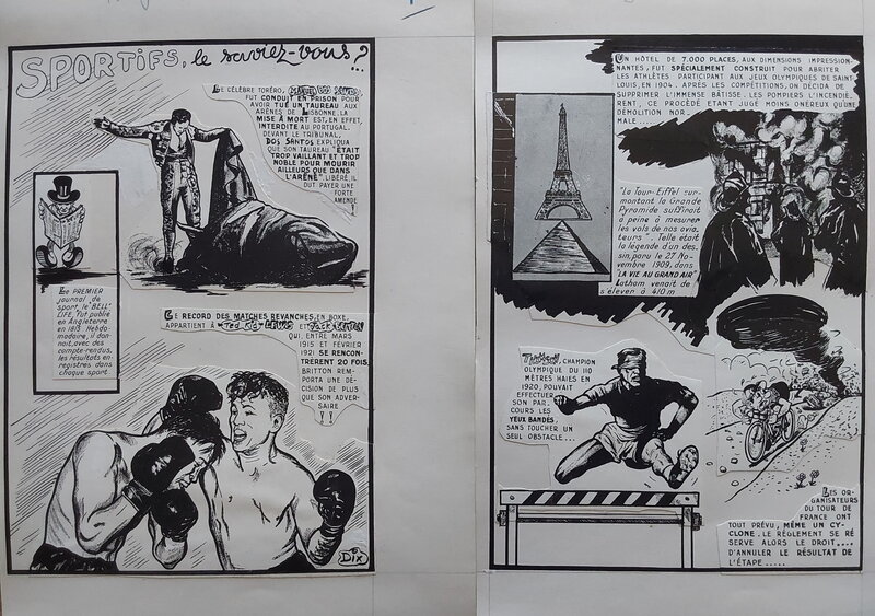 En vente - Dix Rubrique SPORTIFS Le Saviez-Vous ? Taureau Boxe Tour Eiffel 2 Planche 41 & 42 Atelier Chott Big Horn 22 en 1959 - Illustration originale