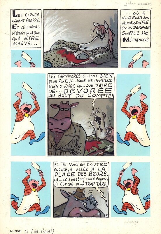 En vente - Johan De Moor, La Vache A Mort L'Homme Vive L'Ozone pl.55 - Planche originale