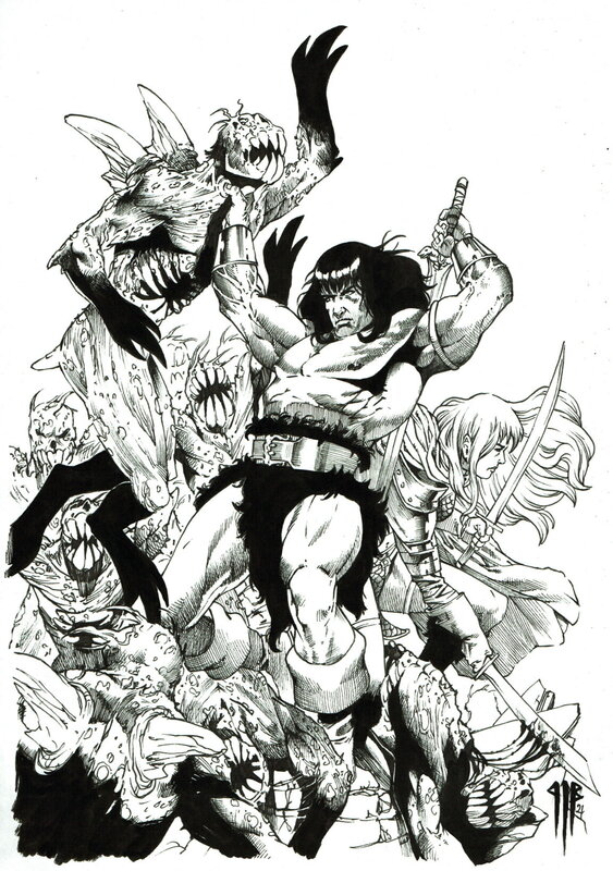 En vente - Philippe Bringel, Conan et Red Sonja font équipe - Illustration originale
