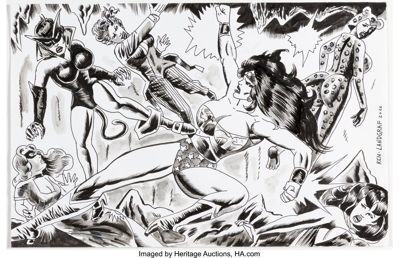 Ken Landgraf - Illustration originale de Wonder Woman contre les méchants de DC _ Lot n° 48166 - Planche originale