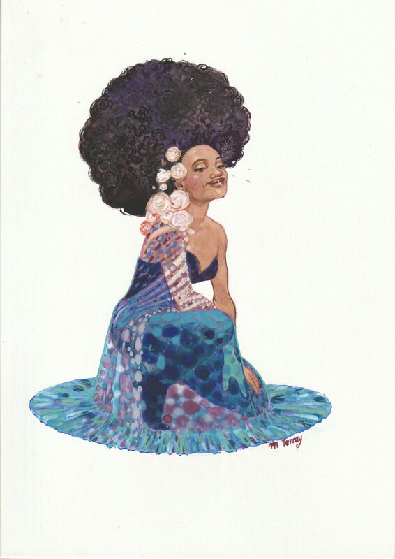 Marie Terray, African woman in blue pin up - Illustration originale