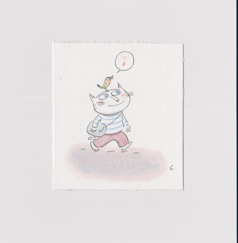 Le chat promenade by Yves Cotten - Original Illustration