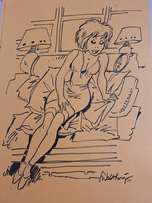 En vente - François Walthéry, Natacha fauteuil fond jaune - Illustration originale
