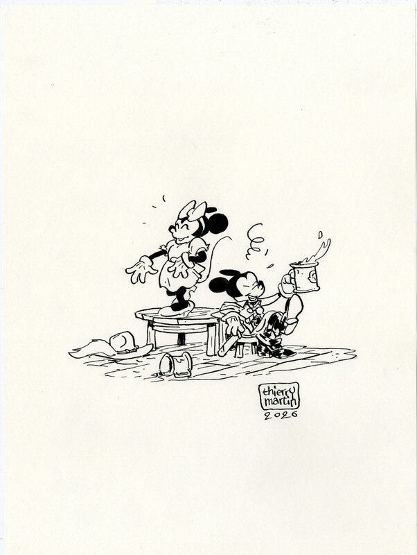 En vente - Thierry Martin, Micket et Minnie en fête - Illustration originale
