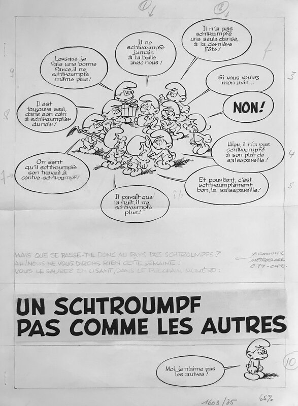 En vente - Peyo, 1969 - un Schtroumpf pas comme les autres - Illustration originale
