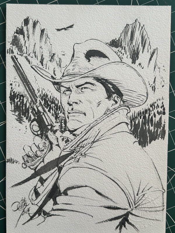 En vente - Giulio De Vita, Portrait de Tex avec arme à feu et decor montain - Planche originale