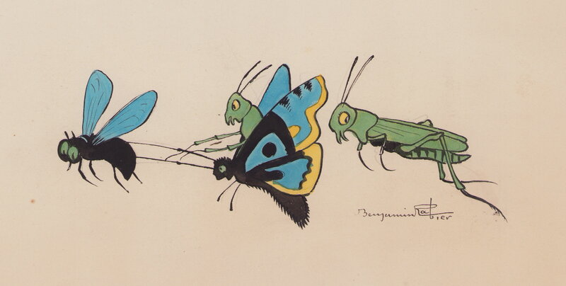 Benjamin Rabier, Une mouche, un papillon et deux sauterelles - Illustration originale