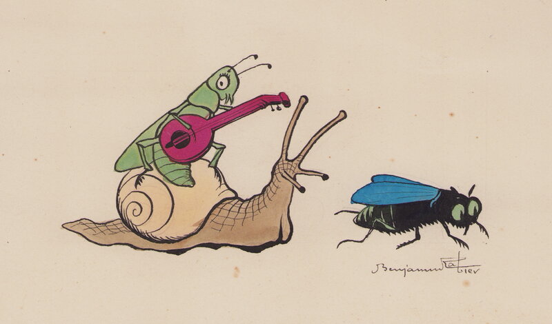 Benjamin Rabier, Une sauterelle, un escargot et une mouche - Illustration originale