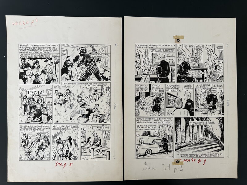 En vente - Auguste Liquois, Lot de 2 Planches Originales Ric Limar, Policier de l'air - IMA 1955 - Planche originale