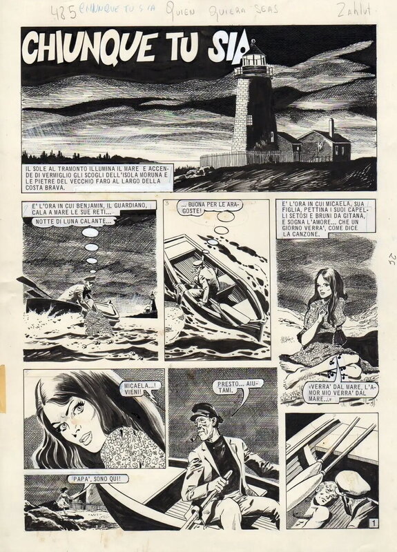 Pablo Zahlut, Page titre de Chiunque tu sia - Parution dans le n°47 de 1977 de la revue Lanciostory - Planche originale