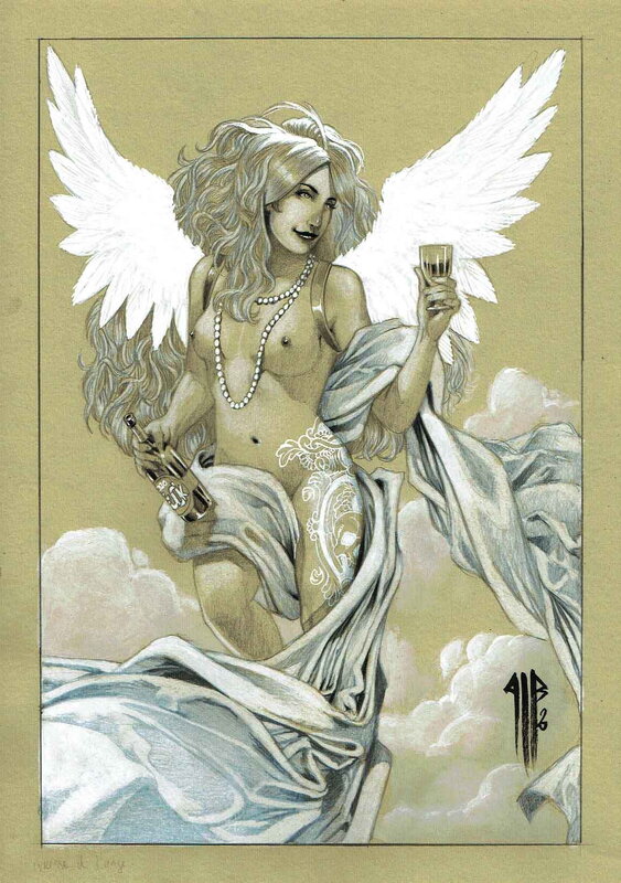 En vente - Philippe Bringel, Fille tatouée - l'ange des vignes - Illustration originale