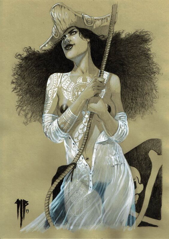 En vente - Philippe Bringel, Fille tatouée - la piraterie dans le sang - Illustration originale