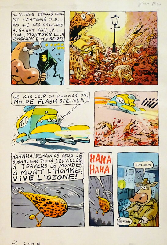 En vente - Johan De Moor, La Vache A Mort L'Homme Vive L'Ozone pl.83 - Planche originale