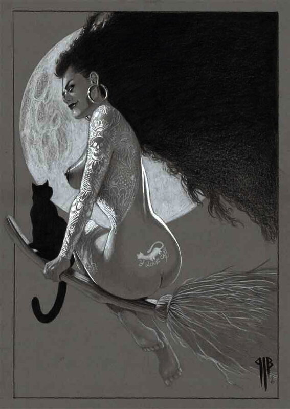 En vente - Philippe Bringel, La sorcière et son chat - Illustration originale