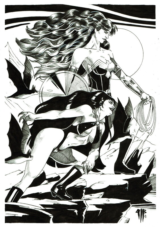En vente - Philippe Bringel, Wonder Woman et Vampirella - Illustration originale