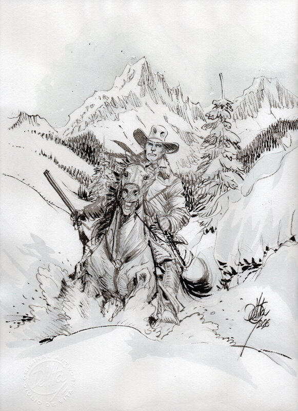 En vente - Giulio De Vita, Tex au cheval sur la neige - Illustration originale