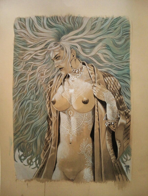 For sale - Philippe Bringel, Fille tatouée au peignoir - Original Illustration