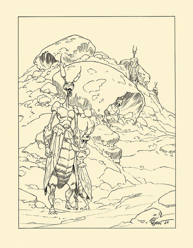Olivier Roman, Une famille de baron-rostre - Illustration originale